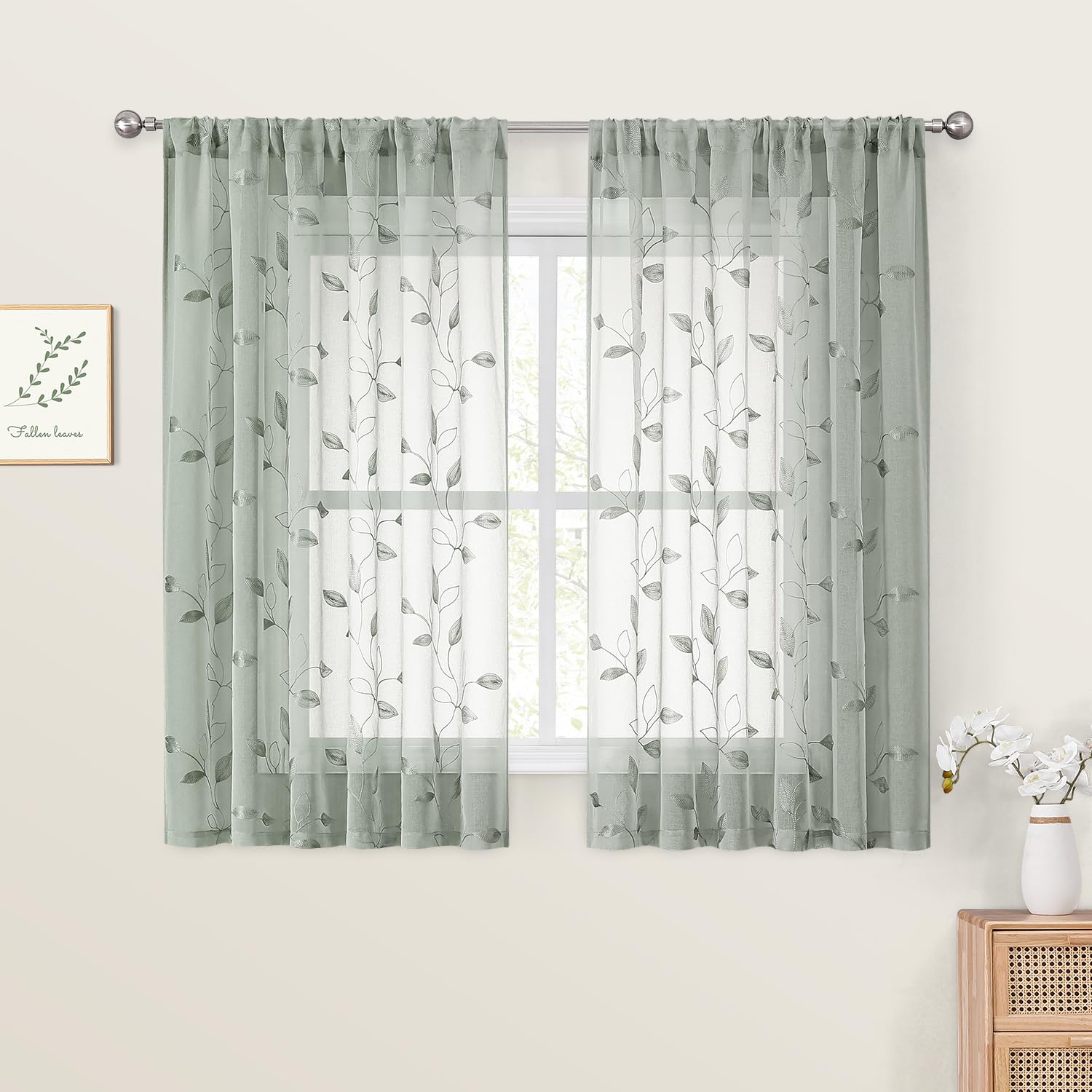 Homeideas Sage Green Sheer Curtains 52 X 54 Inch Length 2 Panels Embroidered Leaf Pattern Short Curtains For Bedroom Half/Small